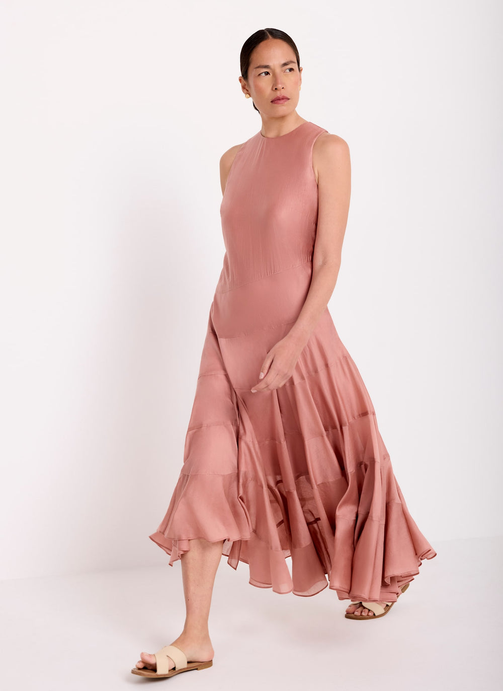 Pink Asymmetric Tiered Midi Dress