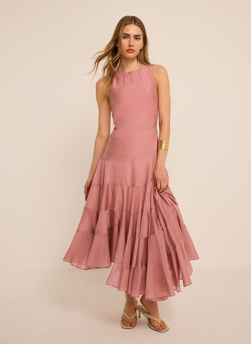 Pink Asymmetric Tiered Midi Dress