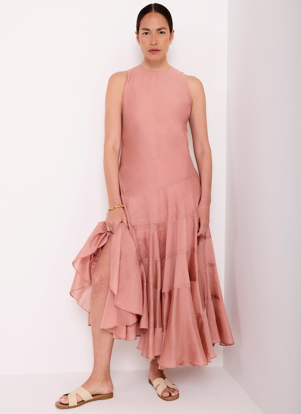 Pink Asymmetric Tiered Midi Dress