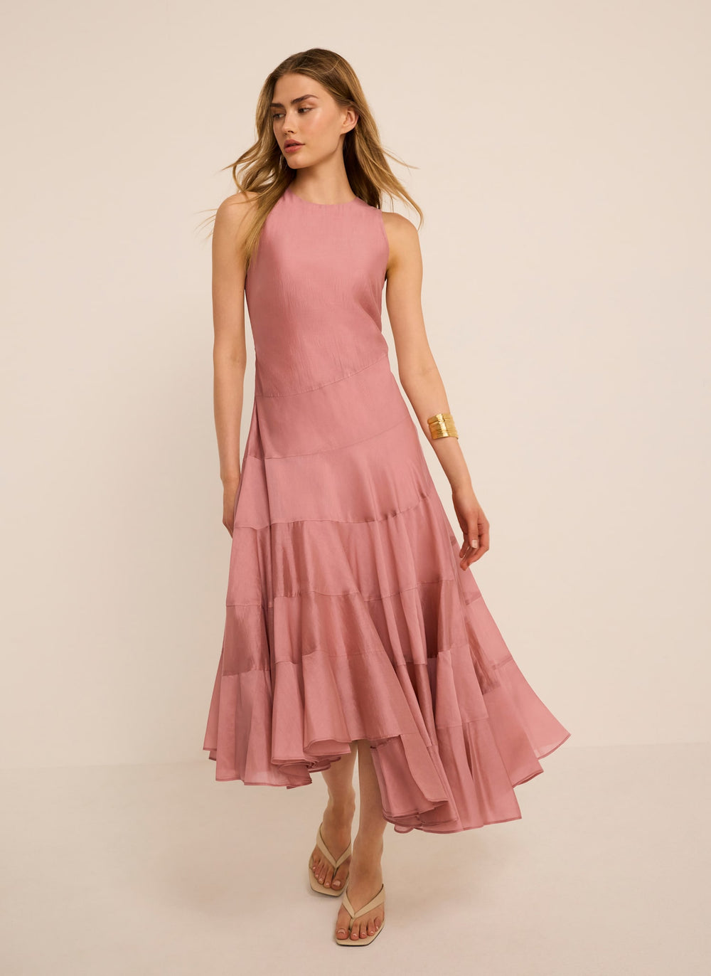 Pink Asymmetric Tiered Midi Dress