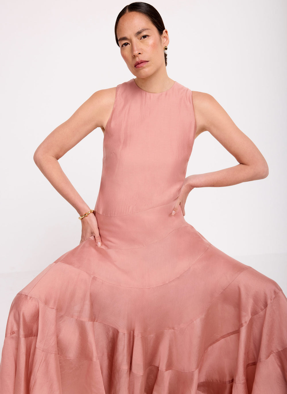 Pink Asymmetric Tiered Midi Dress