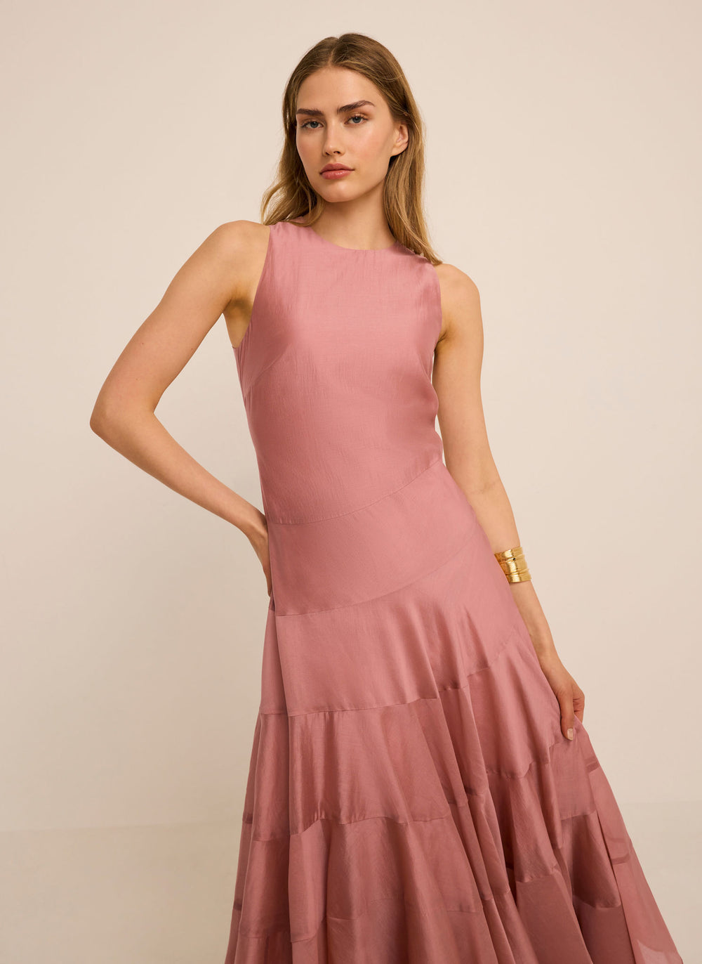 Pink Asymmetric Tiered Midi Dress