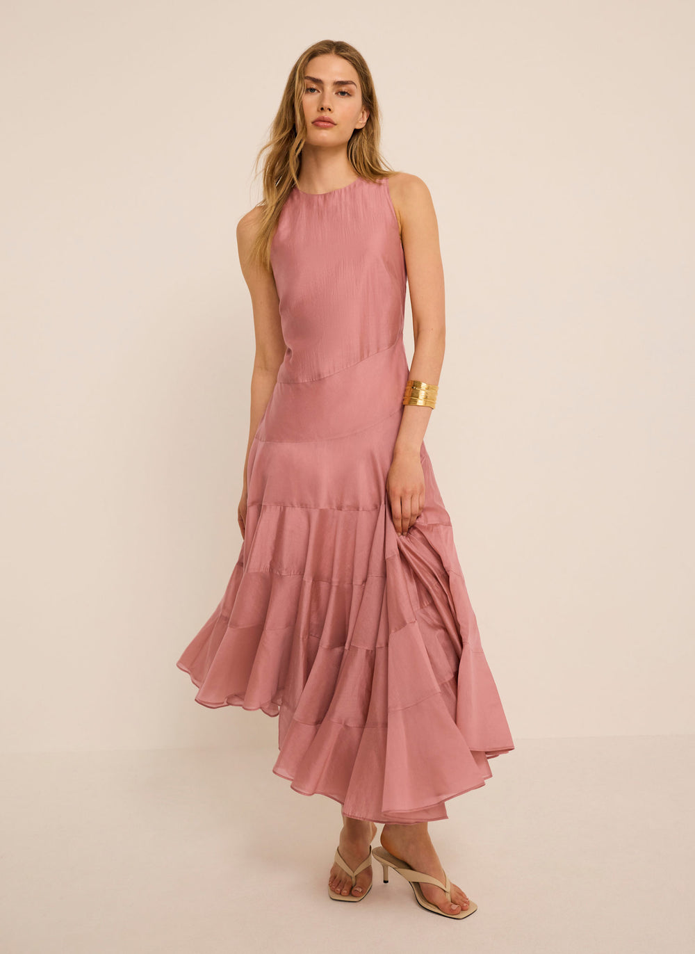 Pink Asymmetric Tiered Midi Dress