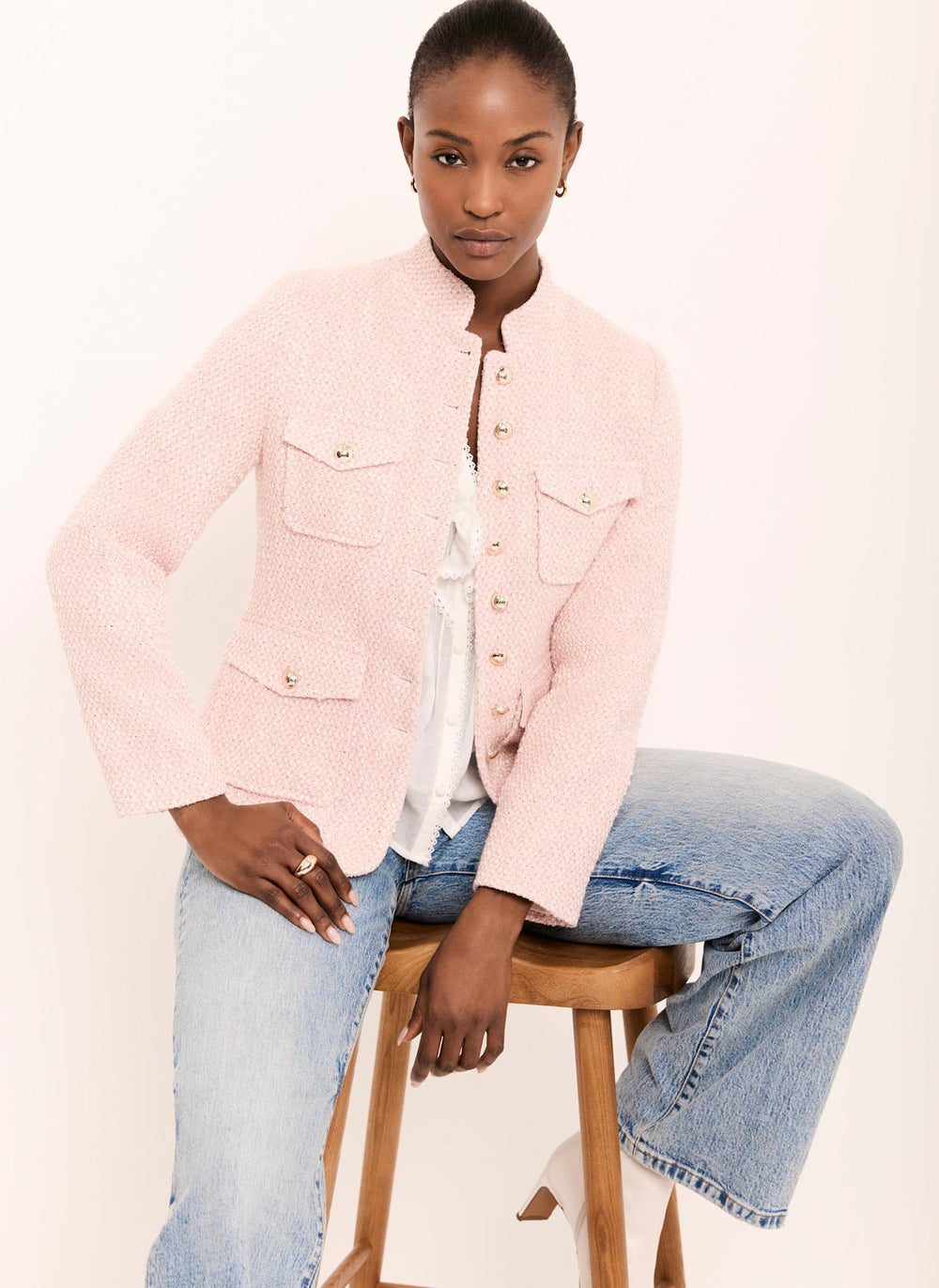 Pink Cotton Blend Boucle Jacket