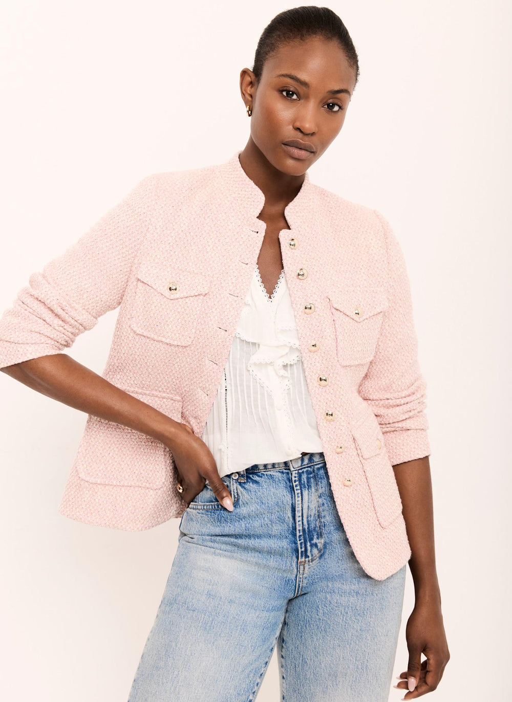 Pink Cotton Blend Boucle Jacket