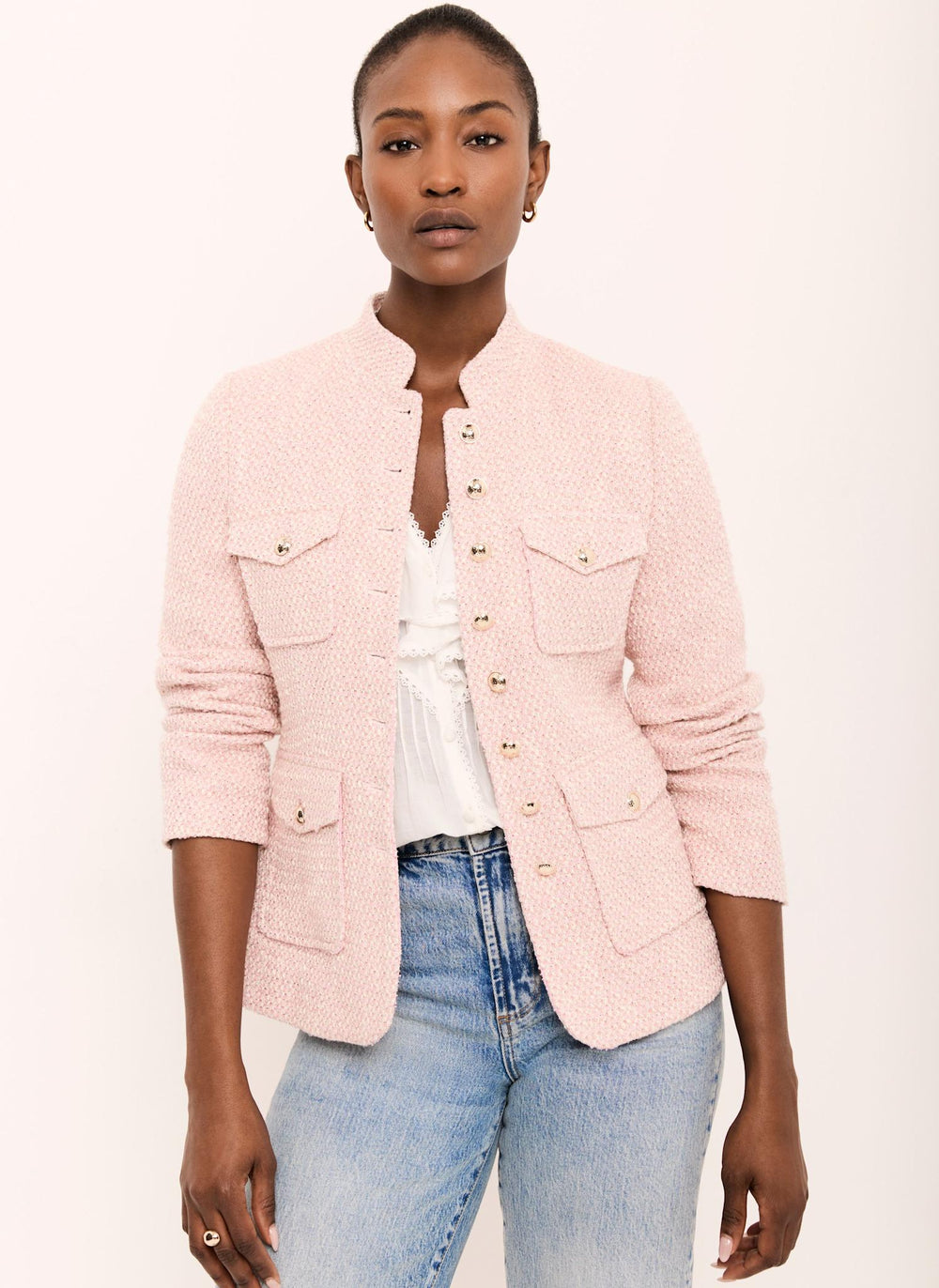 Pink Cotton Blend Boucle Jacket