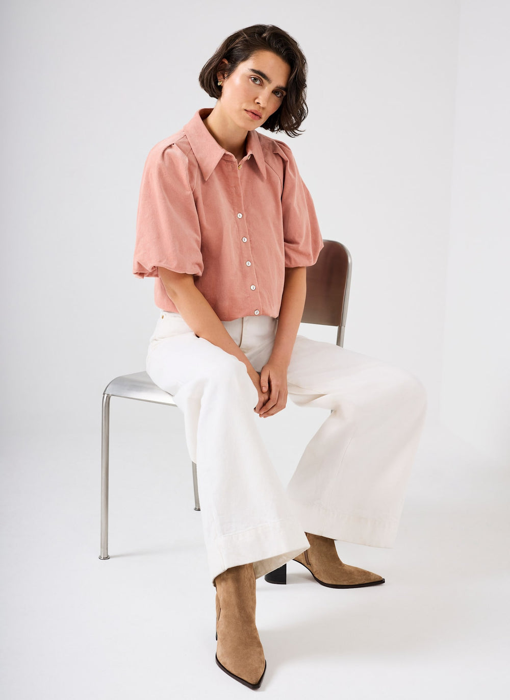 Pink Corduroy Puff Sleeve Shirt