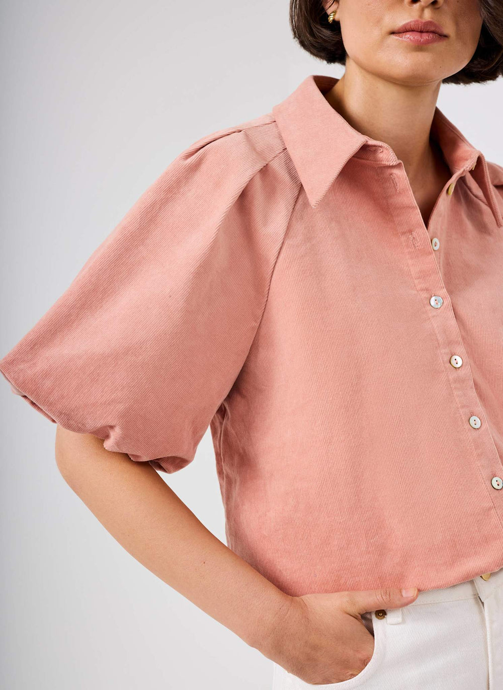 Pink Corduroy Puff Sleeve Shirt
