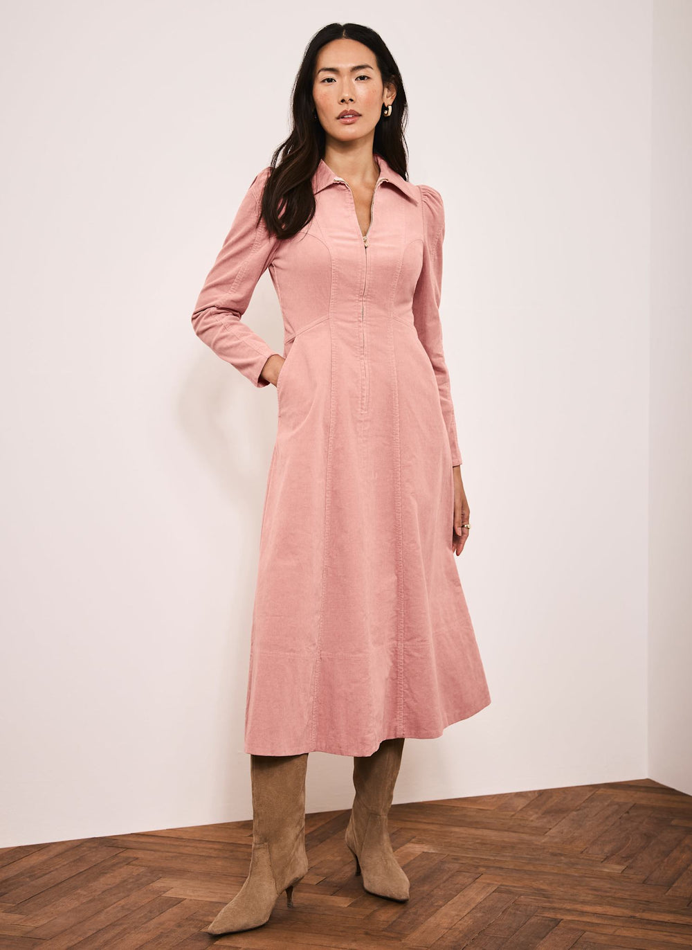 Pink Corduroy Midi Dress