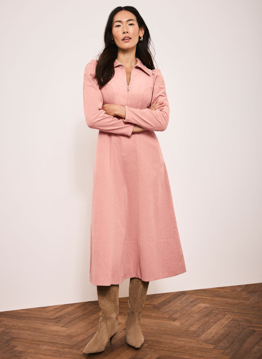 Pink Corduroy Midi Dress