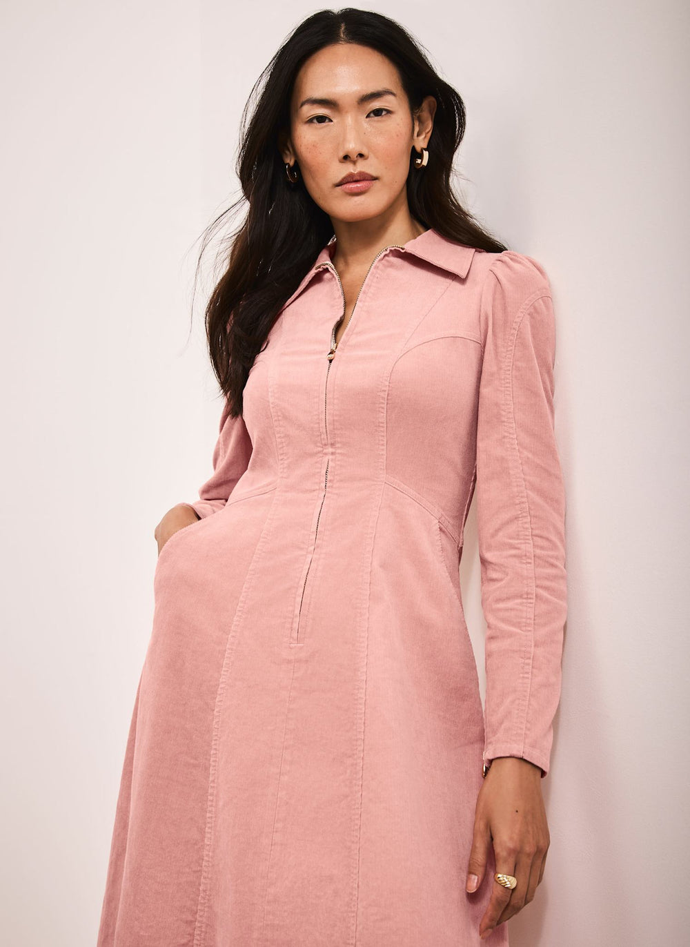 Pink Corduroy Midi Dress