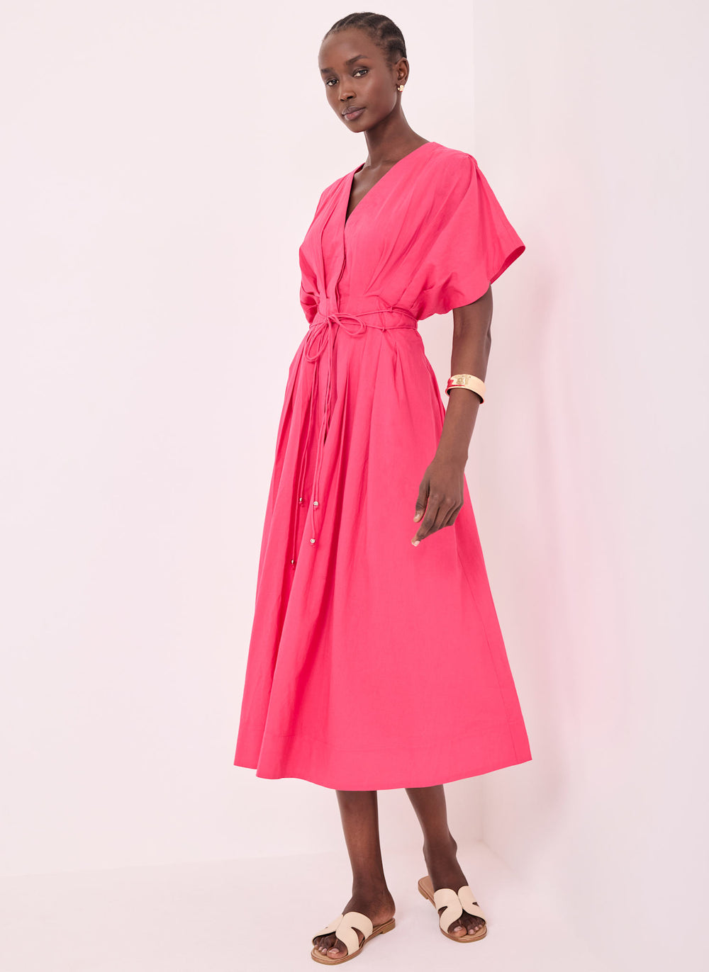 Pink Cotton Tie Waist Midi Dress