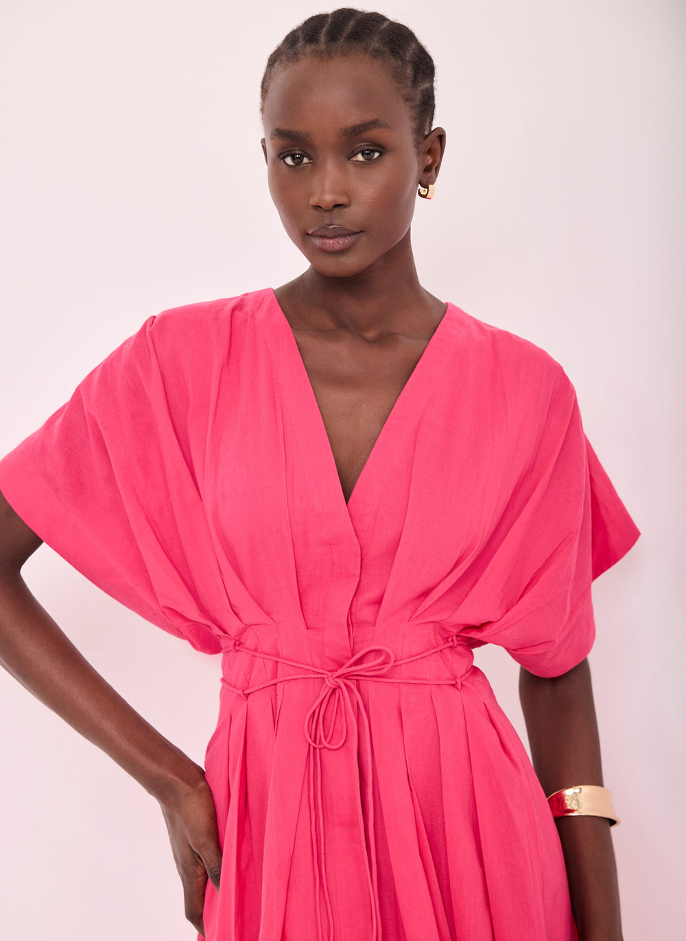 Pink Cotton Tie Waist Midi Dress
