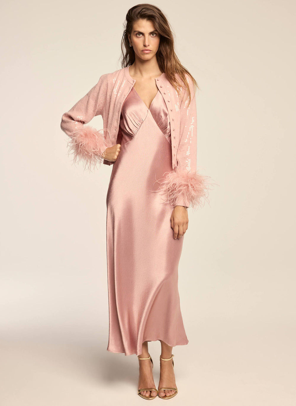 Pink 2-in-1 Sequin Satin Feather Trim Midi Dress