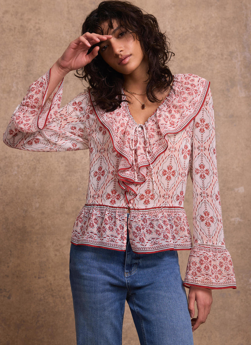 Pink Geo Print Ruffle Blouse