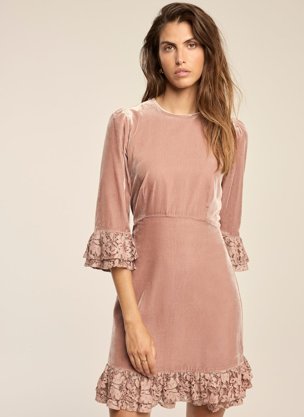 Pink Velvet Lace Trim Mini Dress