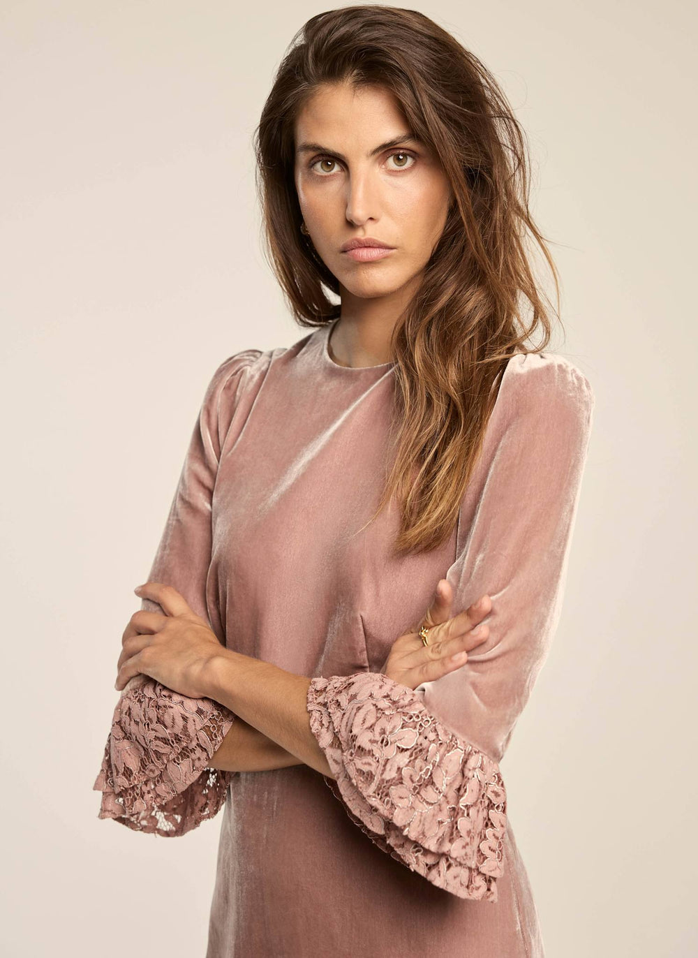 Pink Velvet Lace Trim Mini Dress