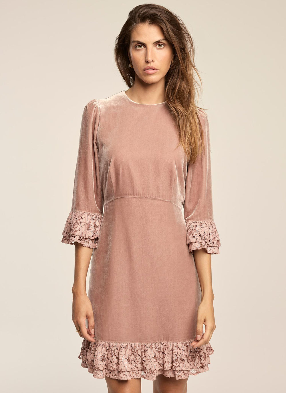 Pink Velvet Lace Trim Mini Dress