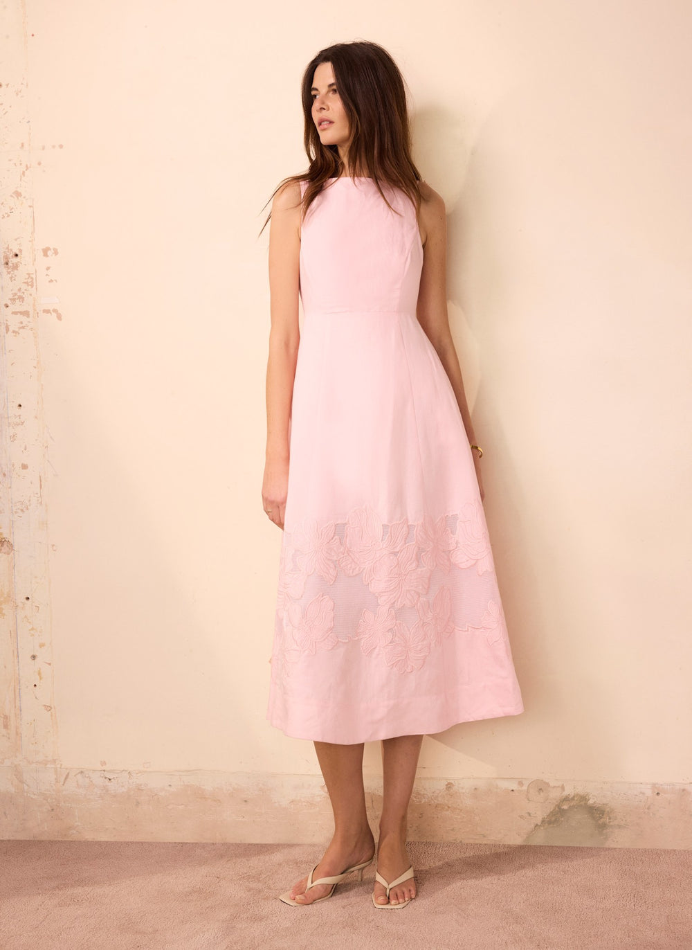 Pink Linen Blend Lace Midi Dress Mint Velvet Pink Linen Blend Lace Midi Dress Mint Velvet
