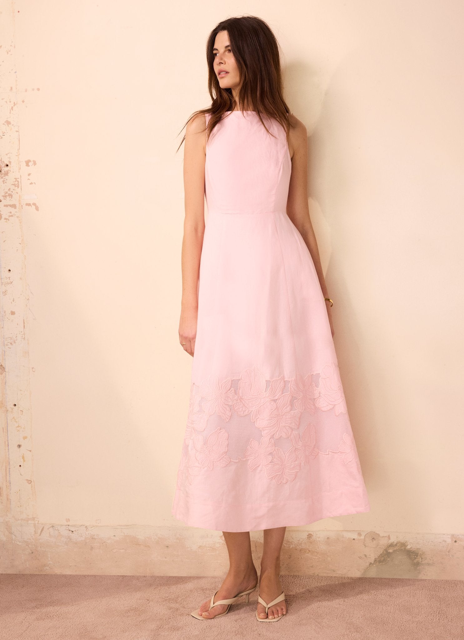 Mint Velvet Pink Beige Blend Lace Midi Dress | Size 8 | Pink | Sleeveless