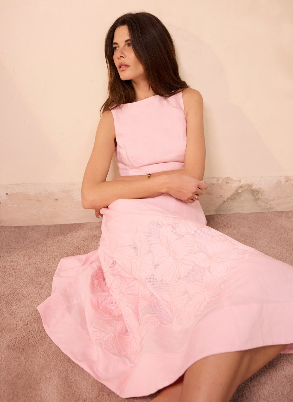 Pink Linen Blend Lace Midi Dress