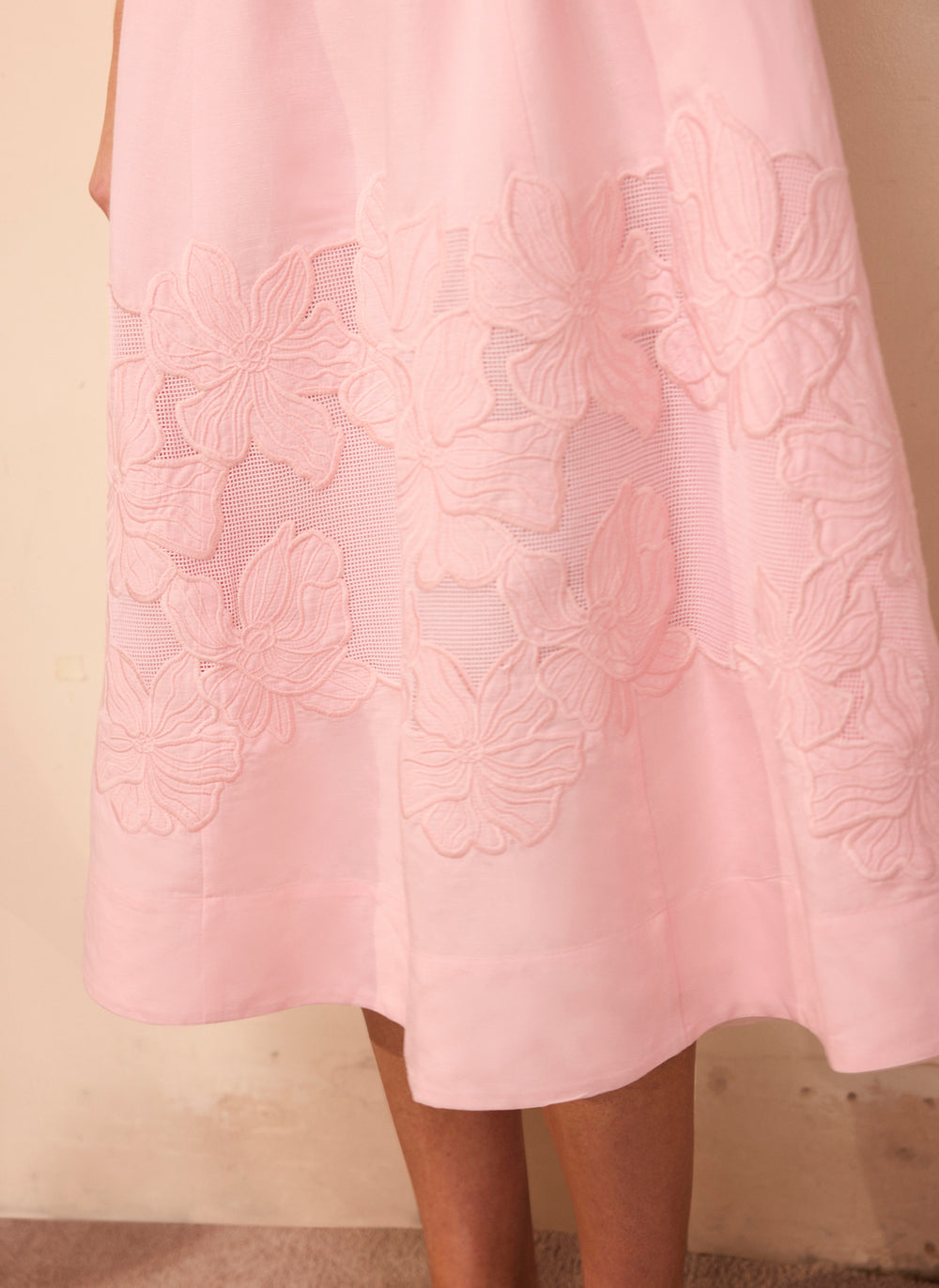 Pink Linen Blend Lace Midi Dress