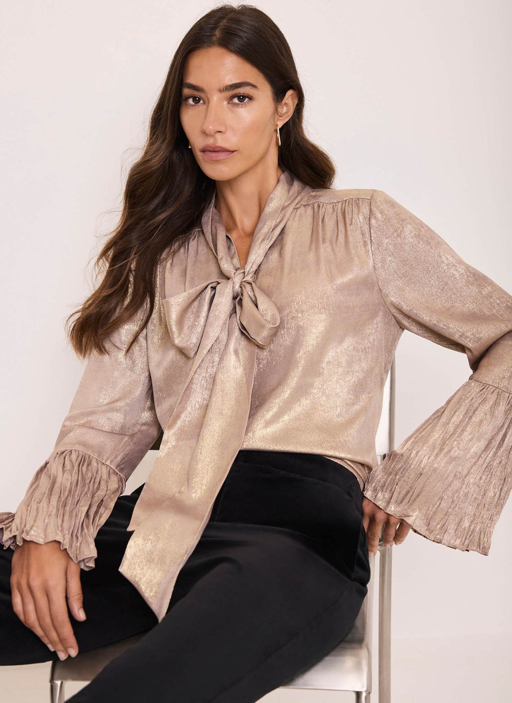 Light Pink Metallic Ruffle Pussybow Blouse