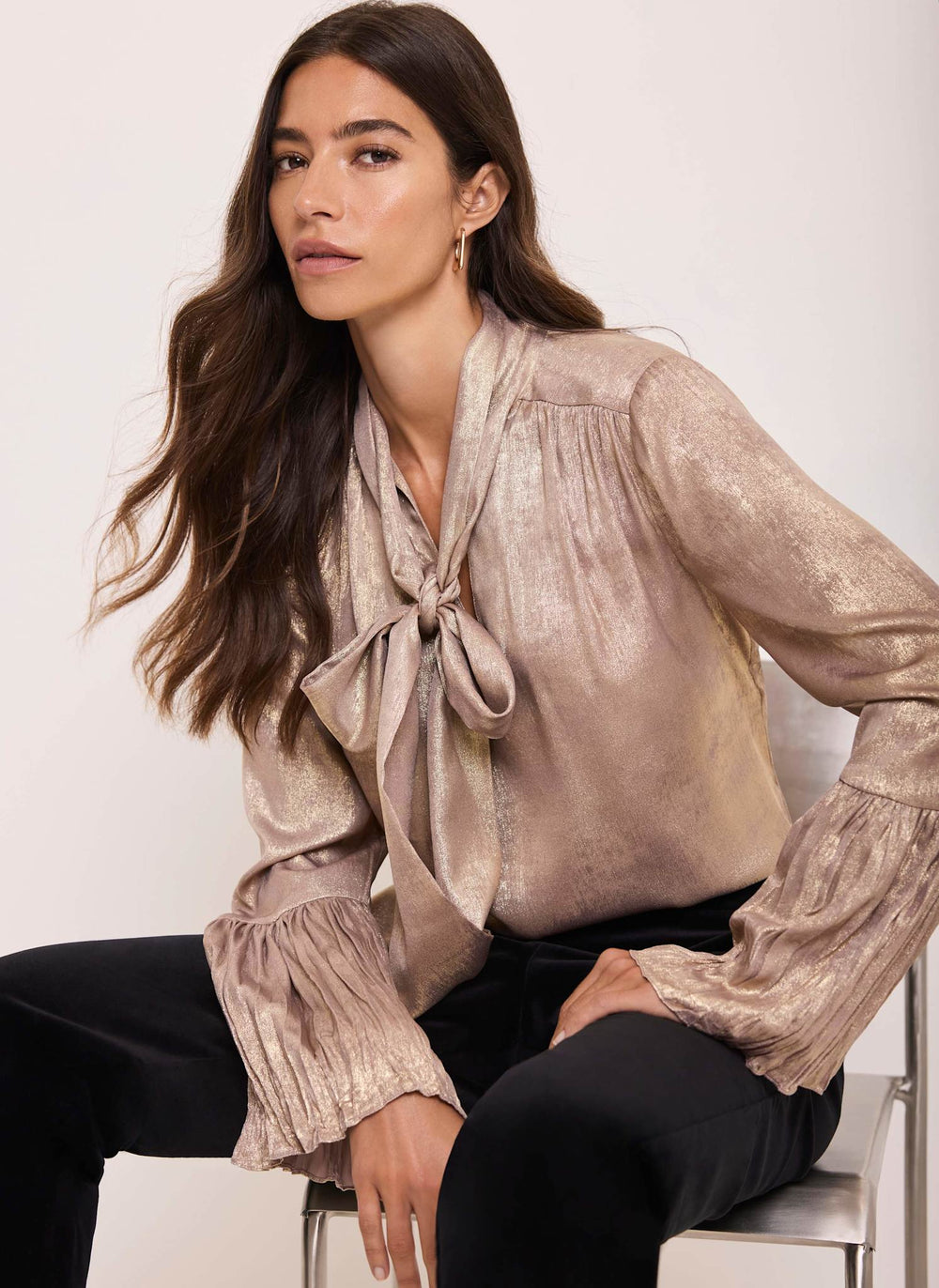 Light Pink Metallic Ruffle Pussybow Blouse