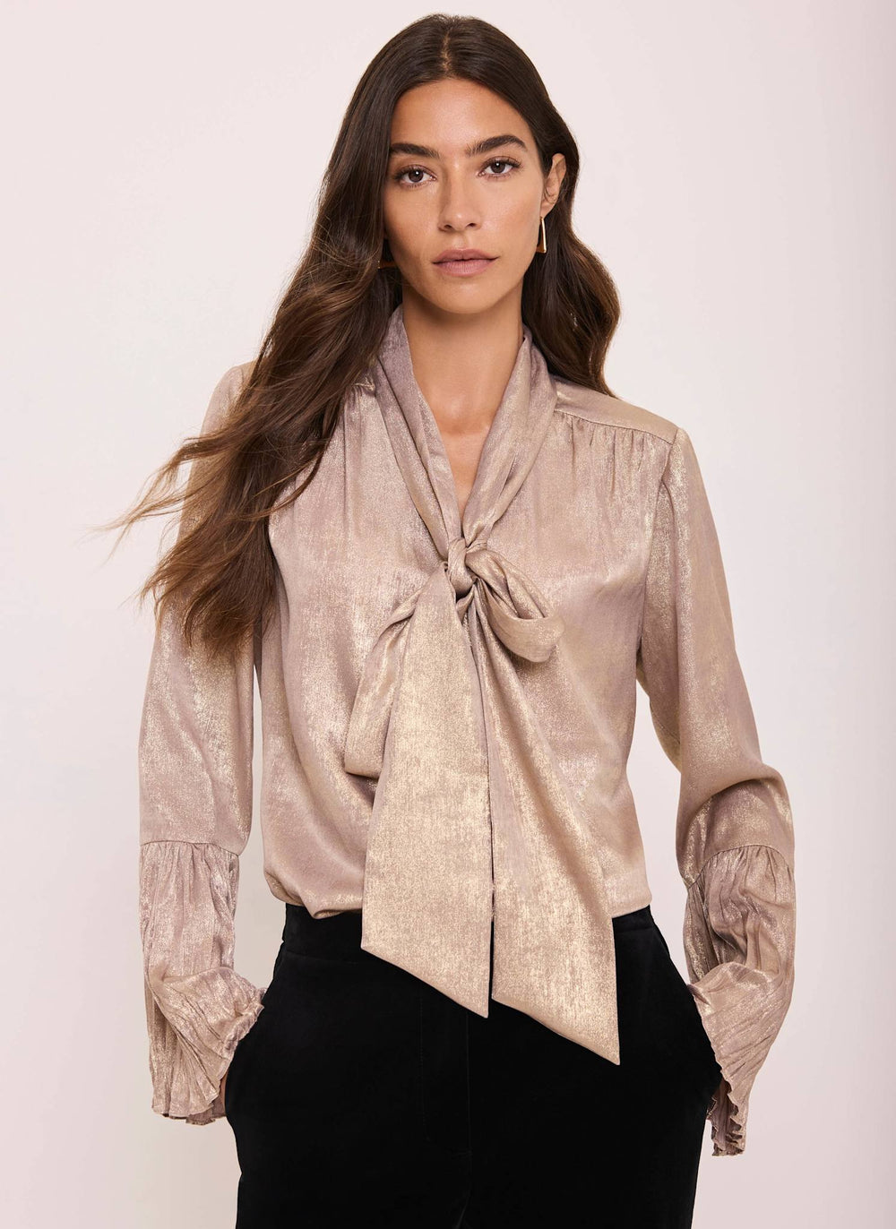 Light Pink Metallic Ruffle Pussybow Blouse