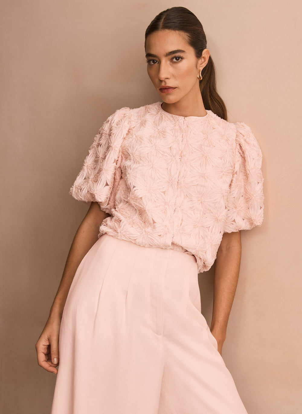 Pink Textured Puff Sleeve Blouse