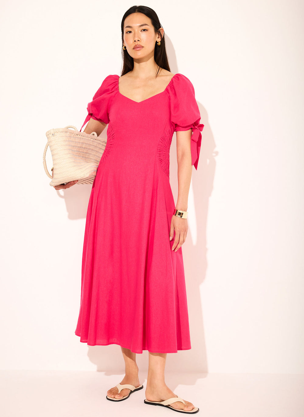 knee length dresses for ladies Midi pink linen summer dress women 5734  Xiaolizi