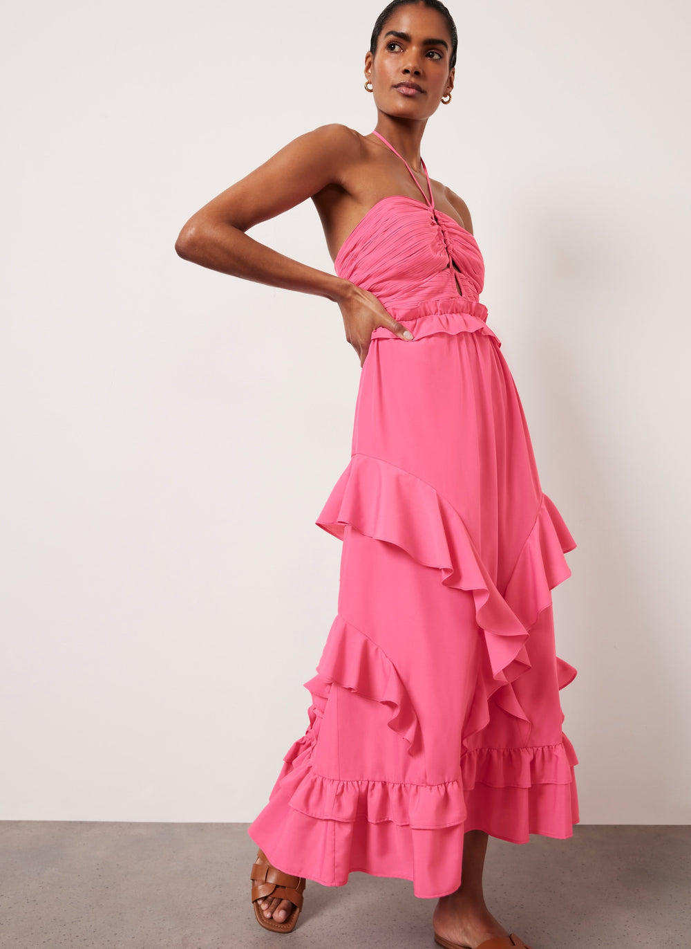 Pink Ruffle Halter Midi Dress – Mint Velvet