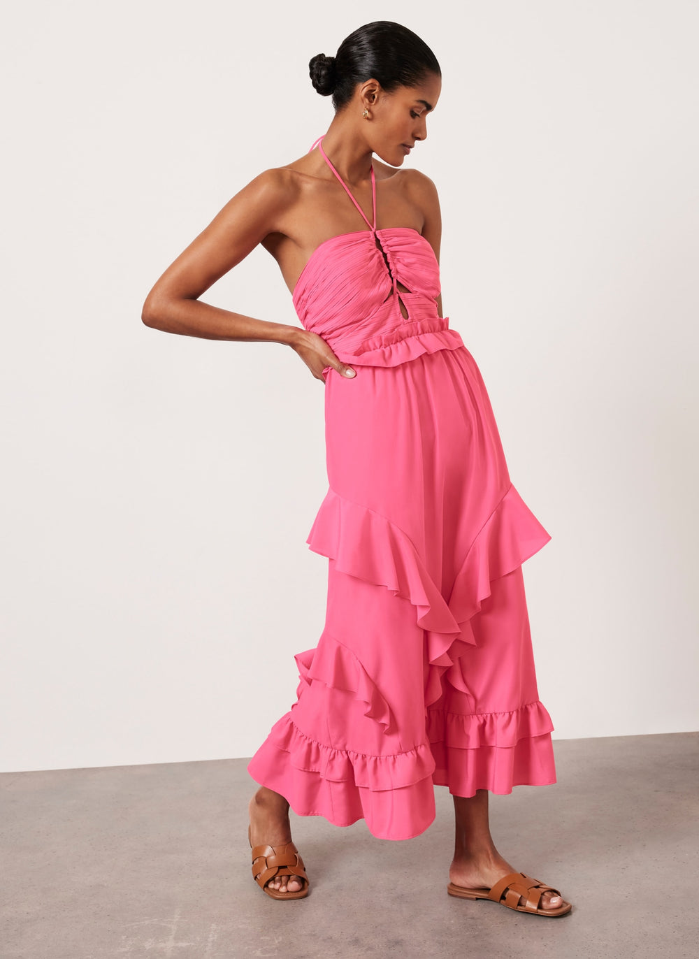 Pink Ruffle Halter Midi Dress