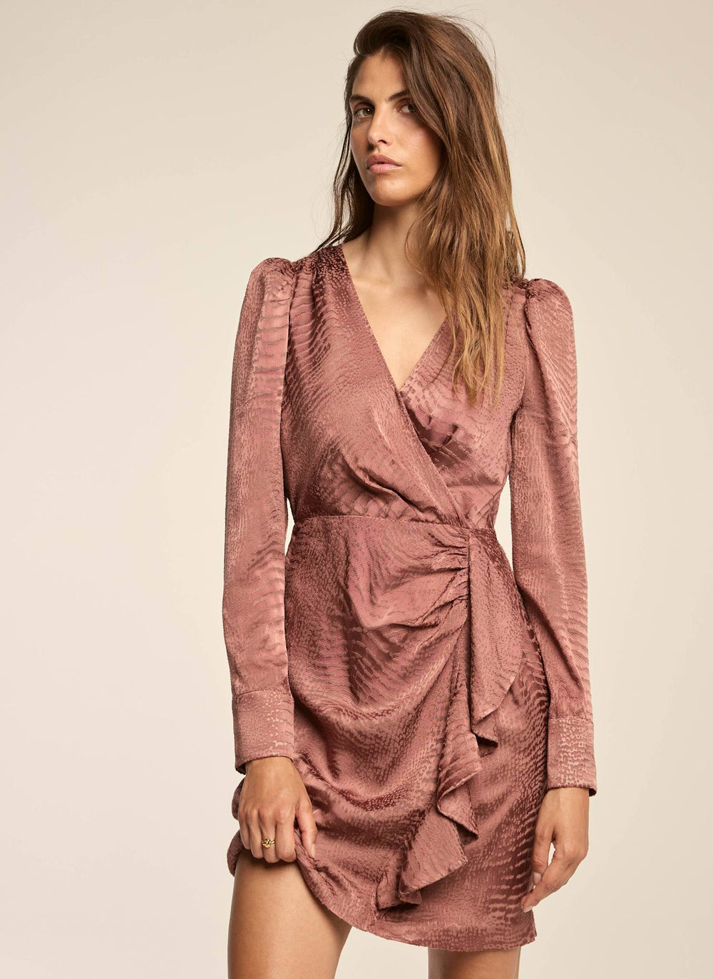 Pink Satin Animal Print Wrap Mini Dress