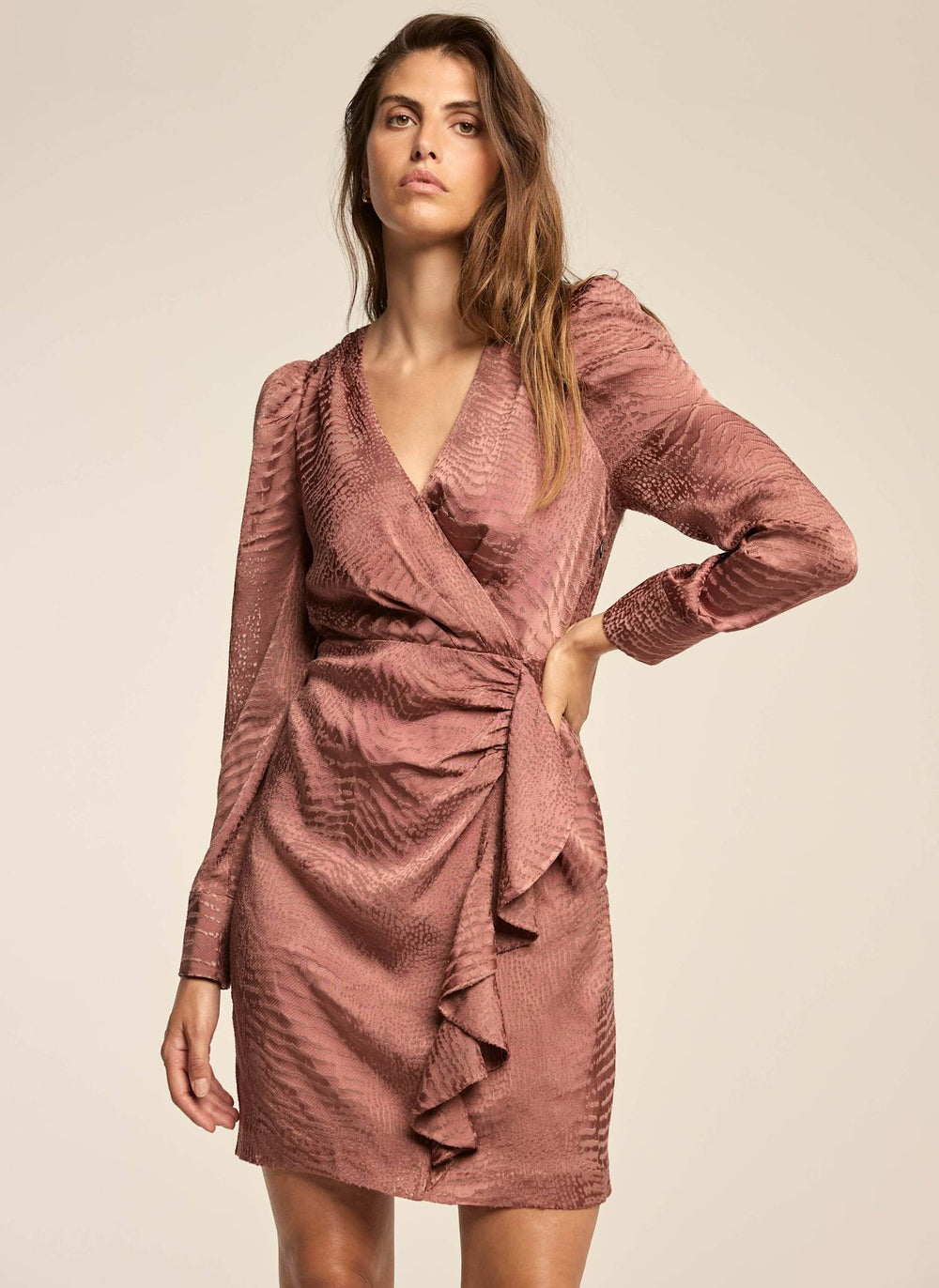 Pink Satin Animal Print Wrap Mini Dress