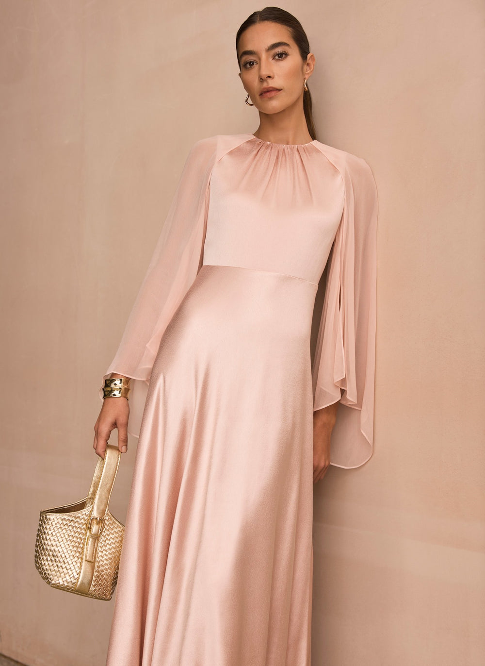 pink dress with long sleeves Pink Satin Cape Maxi Dress – Mint Velvet