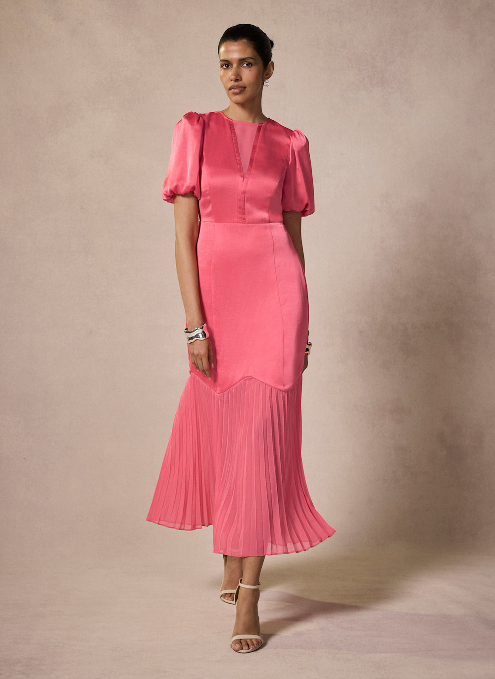 Pink Satin Pleated Maxi Dress