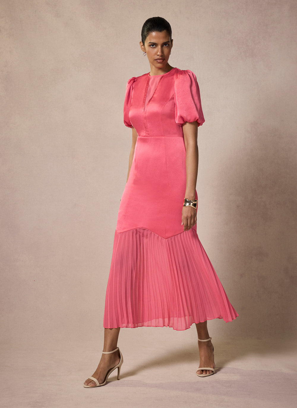 Pink Satin Pleated Maxi Dress