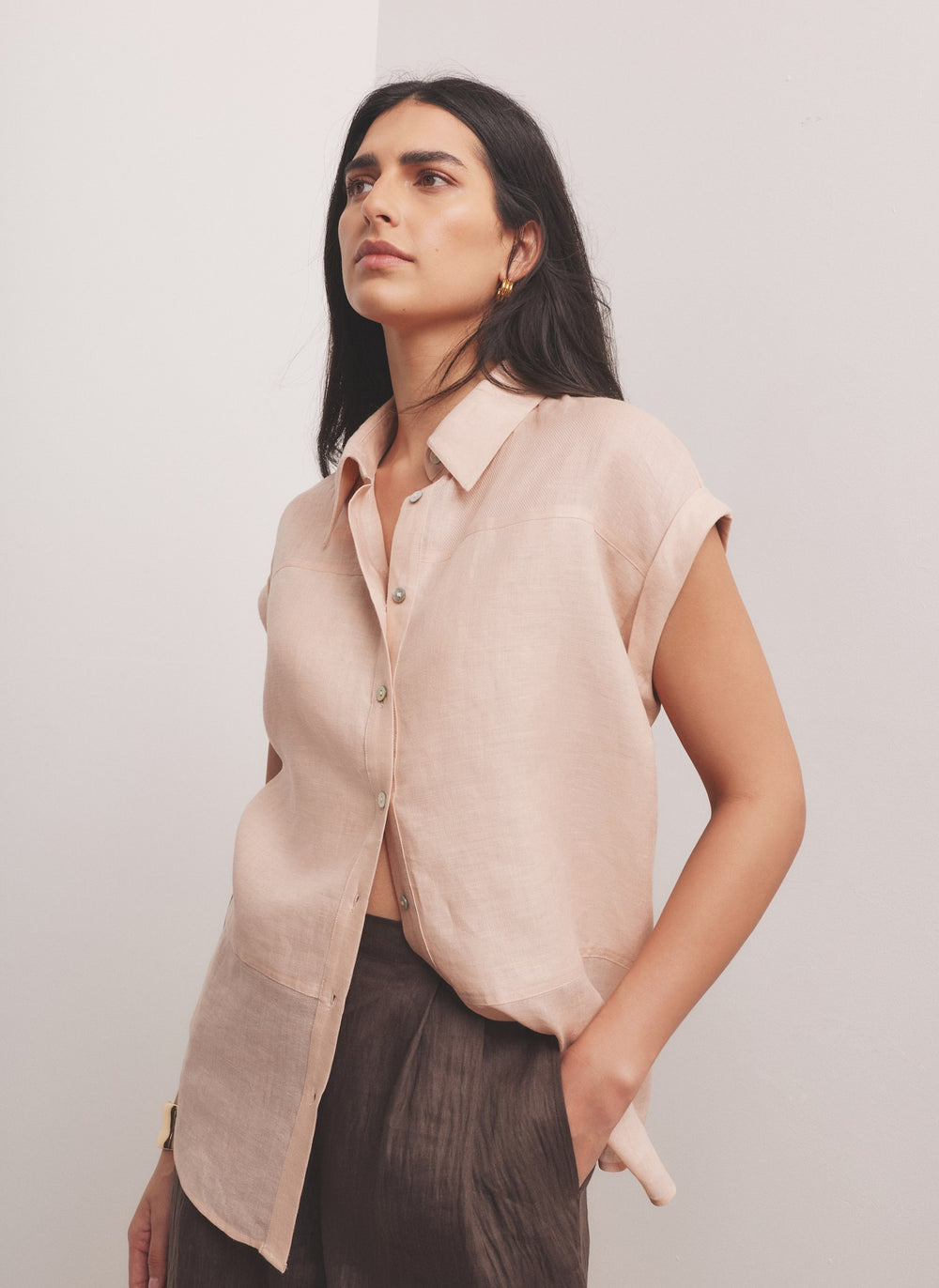 Pink Linen Blend Sheer Panel Shirt
