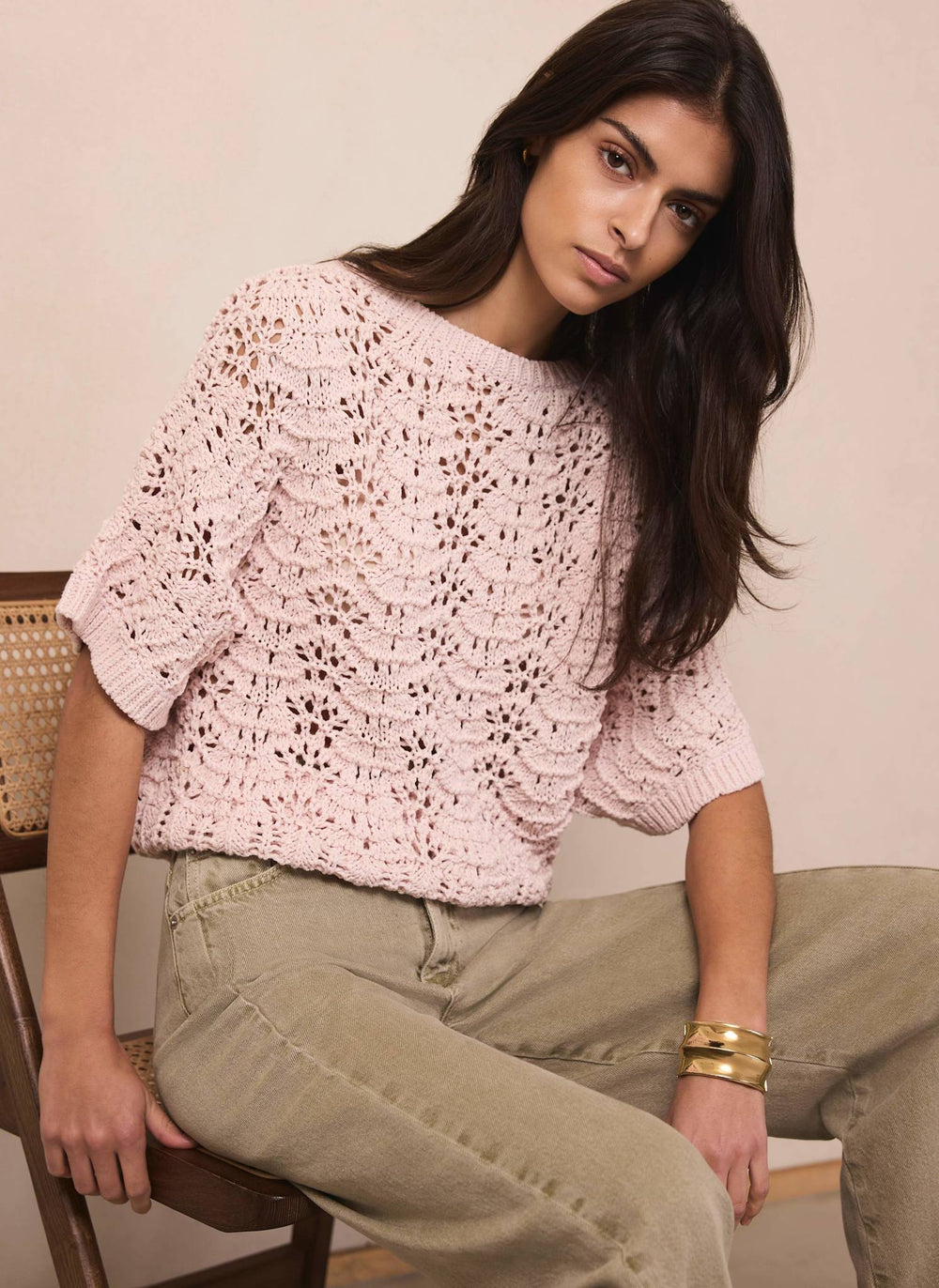 Pink Open Stitch Batwing Top
