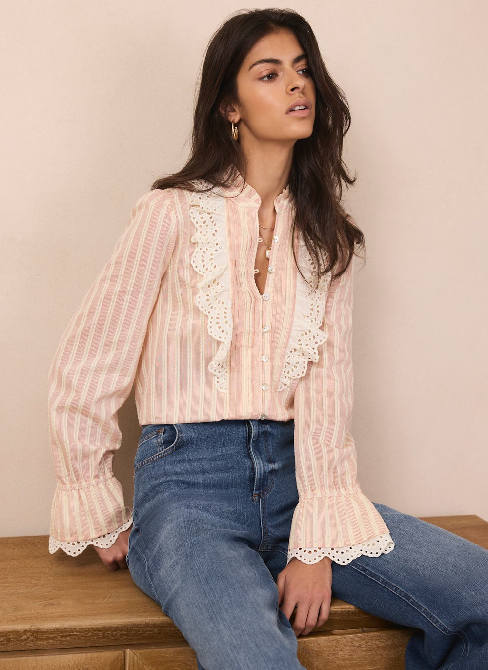 Pink Striped Broderie Trim Blouse