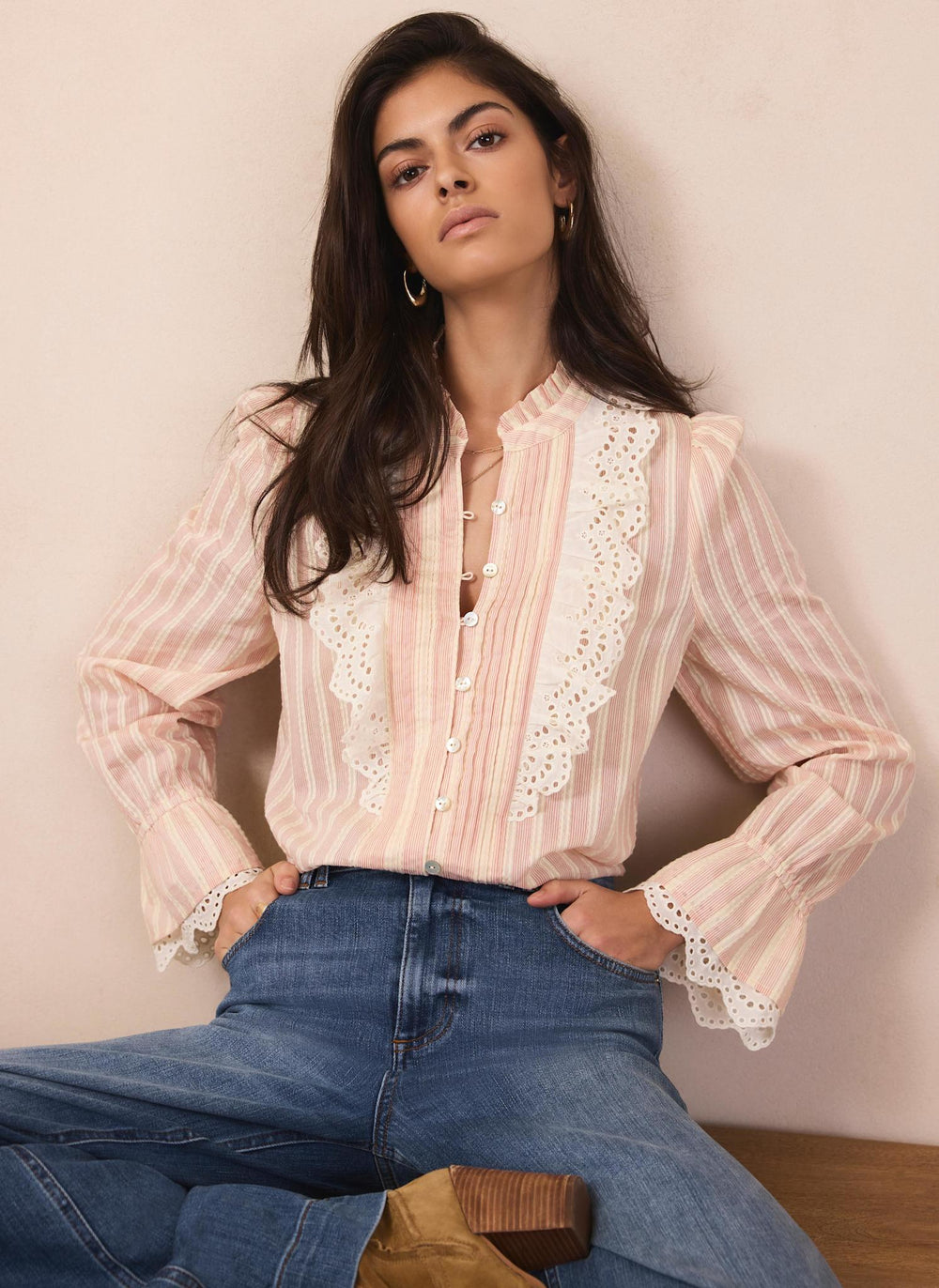 Pink Striped Broderie Trim Blouse