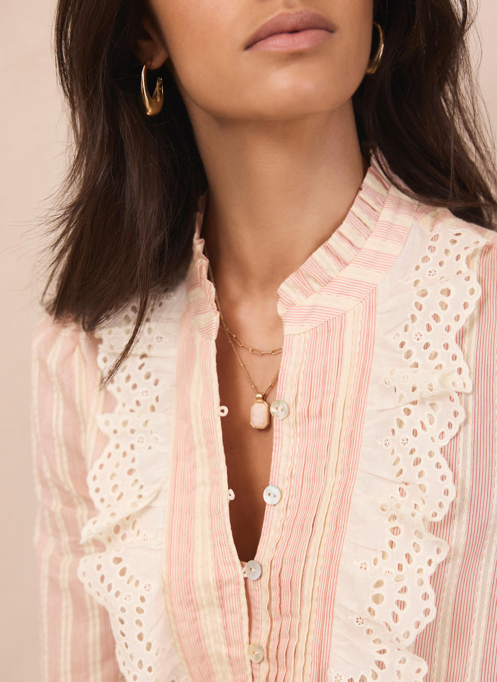 Pink Striped Broderie Trim Blouse