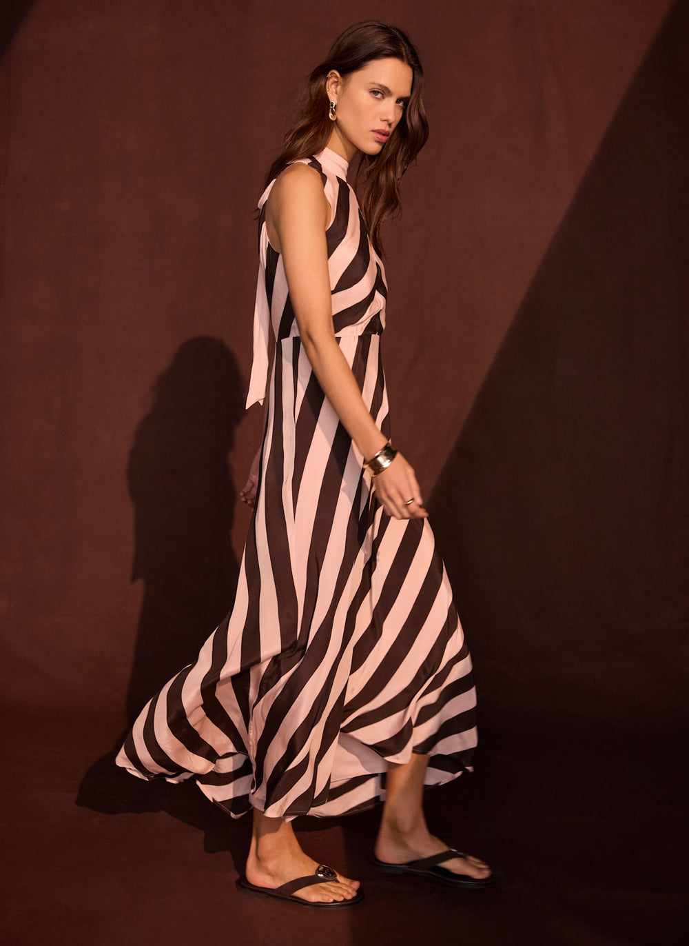 Pink & Brown Striped Halter Maxi Dress