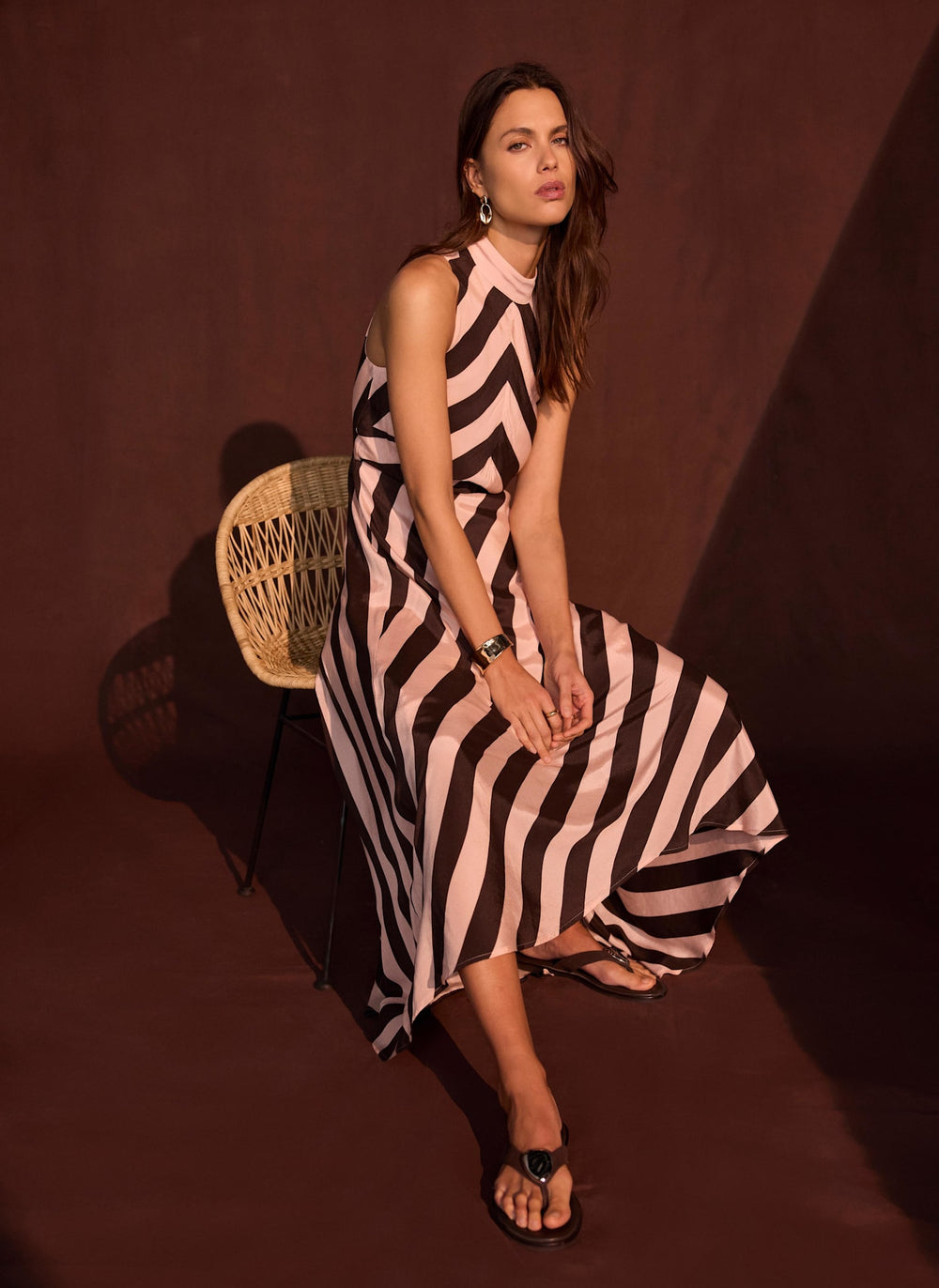 Pink & Brown Striped Halter Maxi Dress