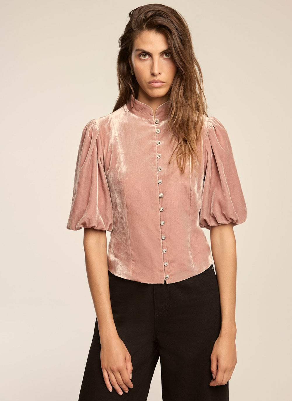 Pink Velvet Mandarin Collar Puff Sleeve Top