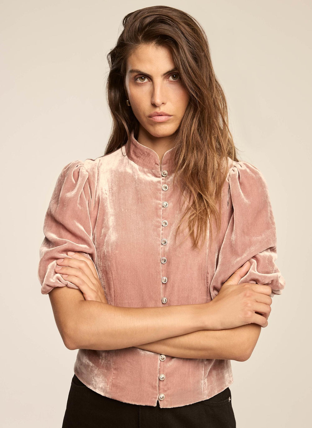 Pink Velvet Mandarin Collar Puff Sleeve Top