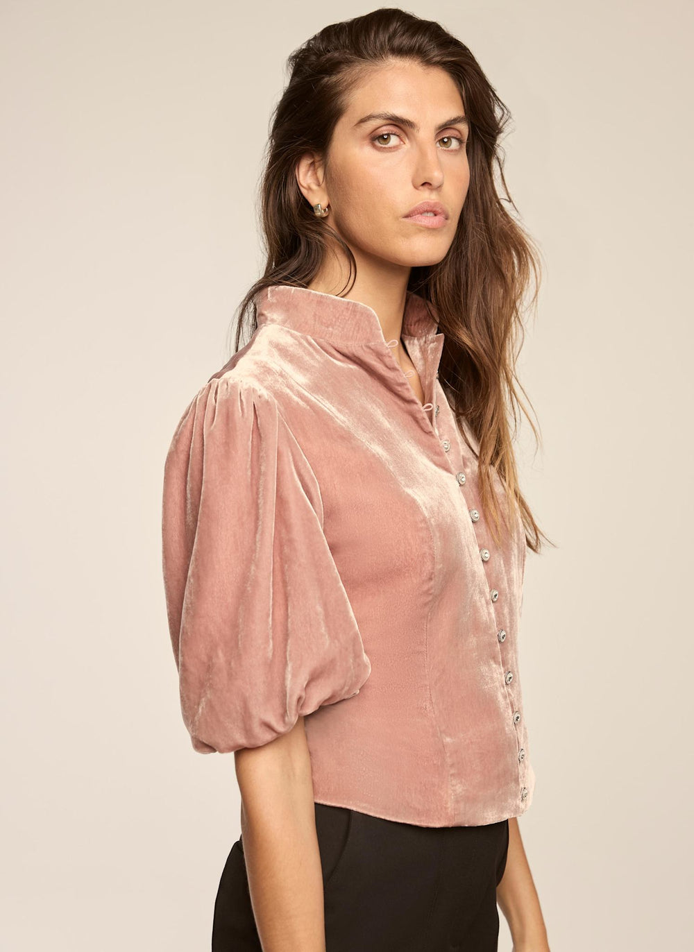 Pink Velvet Mandarin Collar Puff Sleeve Top
