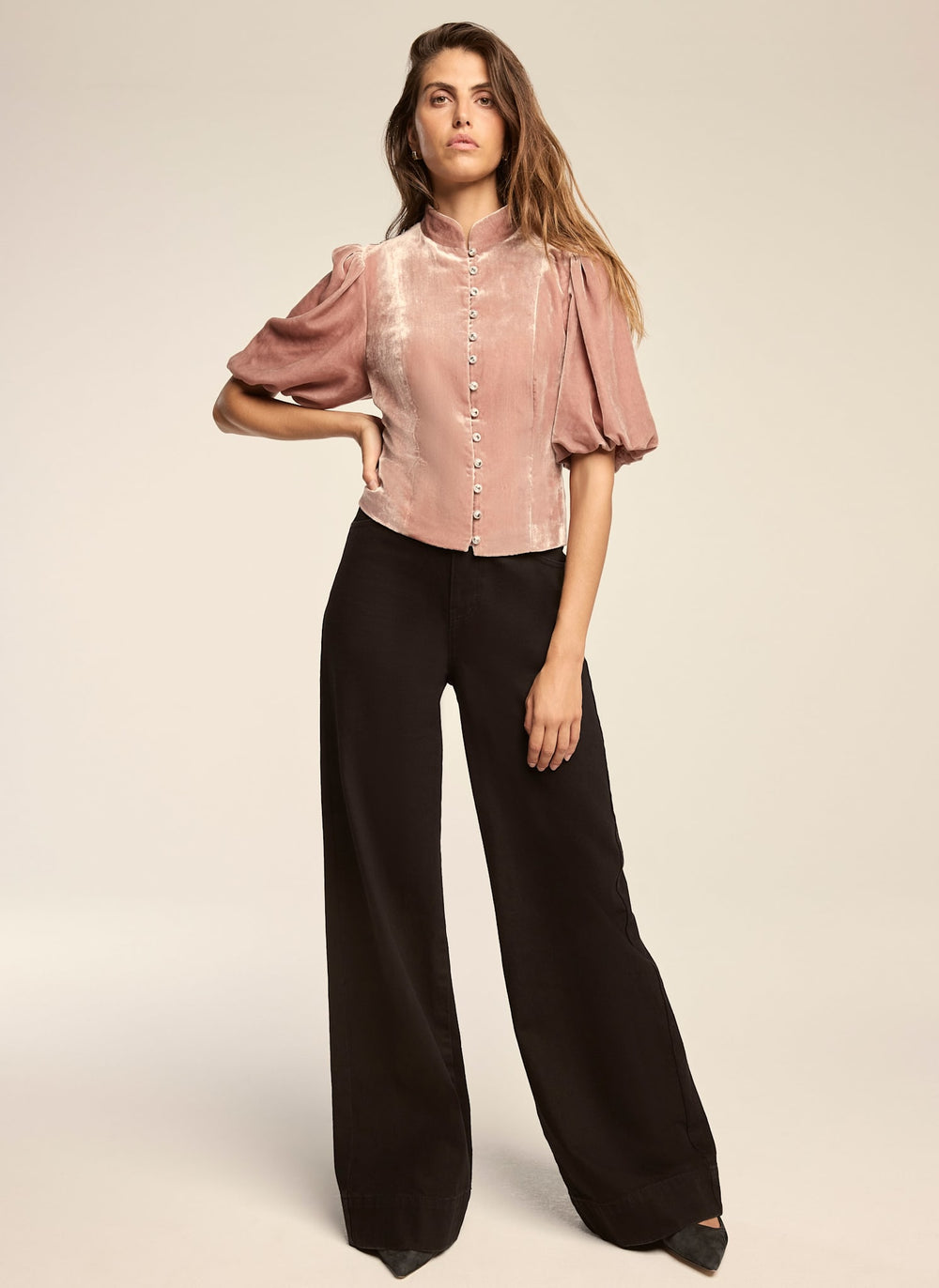 Pink Velvet Mandarin Collar Puff Sleeve Top