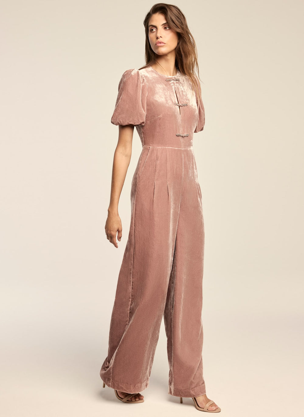 Pink Velvet Puff Sleeve Jumpsuit